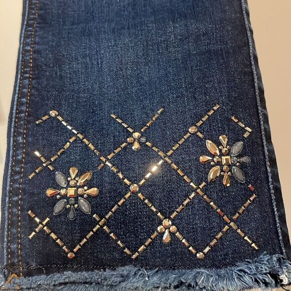 7 For All Mankind- Jen 7 Embellished Hem Straight Crop Jeans Dark Hudson Blue 4 - Picture 8 of 10